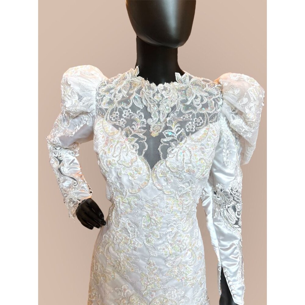 Vintage 90s Lace Sleeve High Neck Wedding Gown - Picture 2 of 8